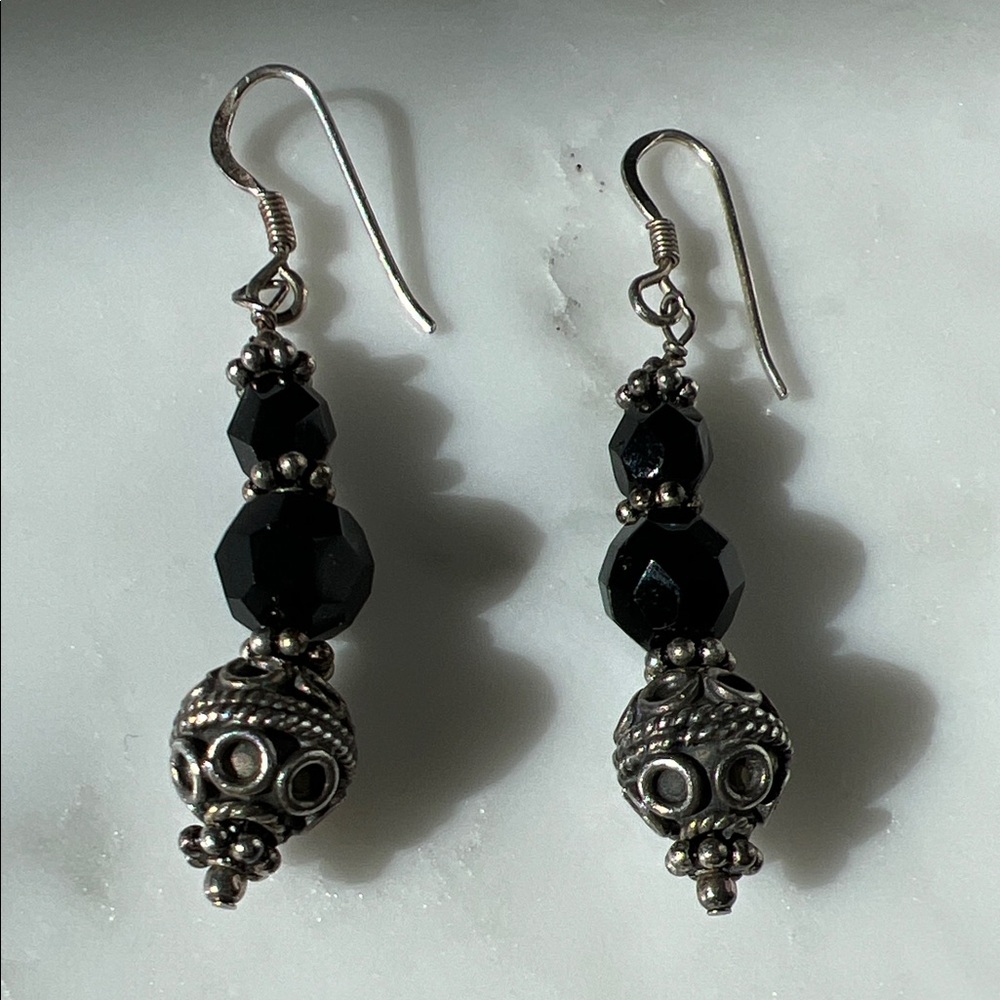 Sterling Silver and Black Bead Drop Earrings